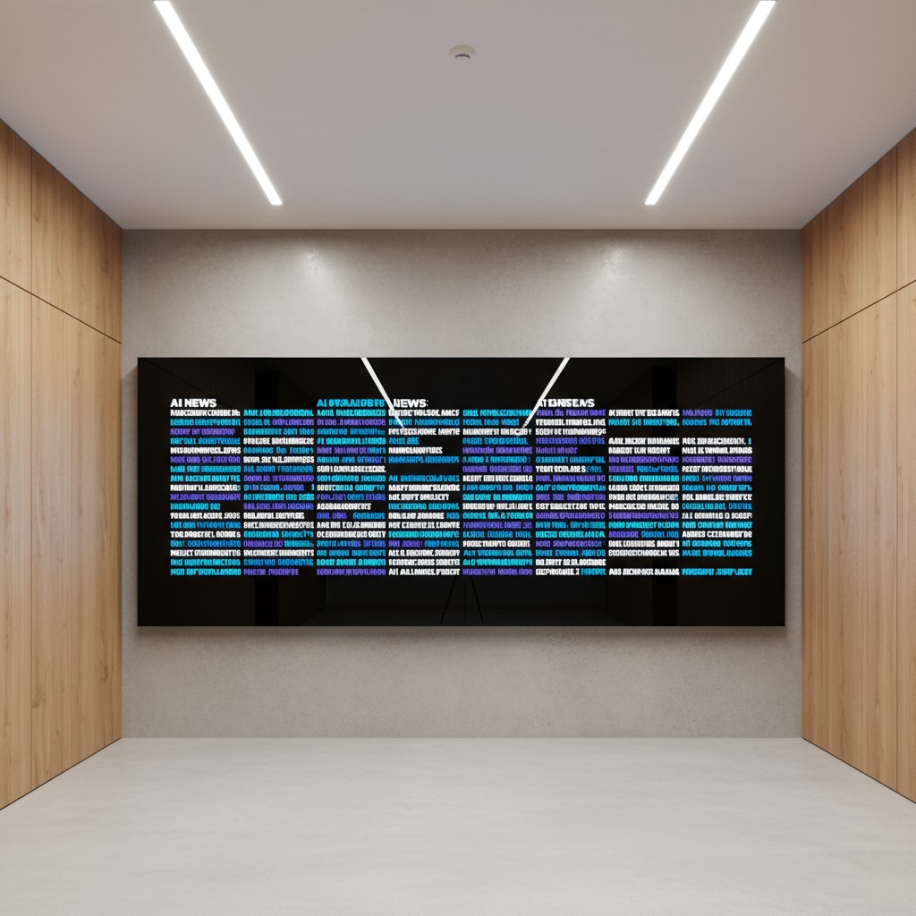 Modern computer lab with large screen andैम tmull for displaying AI and news headlines.